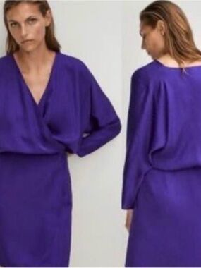 Massimo Dutti Violet Wrap-Front Long Sleeve Midi Dress
